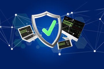 Poster - Shield symbol surrounded by devices and network displayed on a futuristic interface