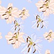 Seamless floral pattern with retro flowers. Wallpaper with lily on blue background. Vintage lilies.
