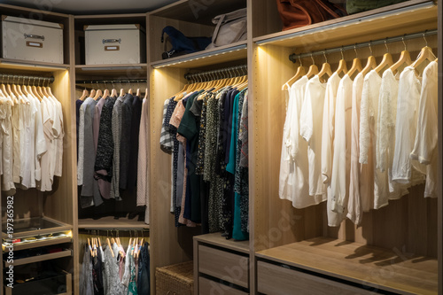 Cuadros en Lienzo Luxury walk in closet / dressing room with lighting and jewel display