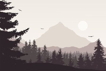 mountain landscape with a forest under the sky with clouds and flying birds in retro colors