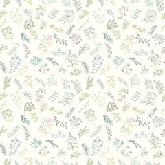 Wall Mural - Seamless pattern of flowers, herbs and leaves