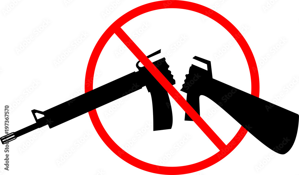 Silhouette of broken assault rifle with red sign over it. Vector ...