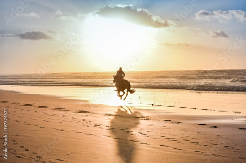 Plakat Jazda konna z przodu Morza w pełni Zachód słońca, wybrzeża Maroka, Casablanca, Maroko