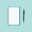 Open notepad with pen isolated on background. Flat style icon. Vector illustration.