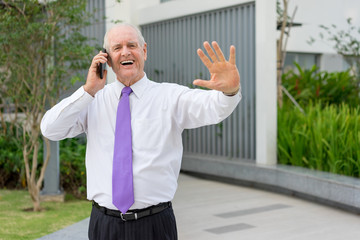 Wall Mural - Happy Senior Businessman Talking on Phone Outdoors