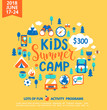 Kids Summer camp concept with handdrawn lettering, Camping and Travelling on holiday with a lot of camping equipment such as tent, backpack and others. Poster in flat style, vector illustration.