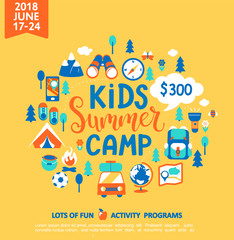 kids summer camp concept with handdrawn lettering, camping and travelling on holiday with a lot of c