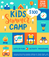 poster for the kids summer camp, concept with handdrawn lettering,camping and travelling on holiday 