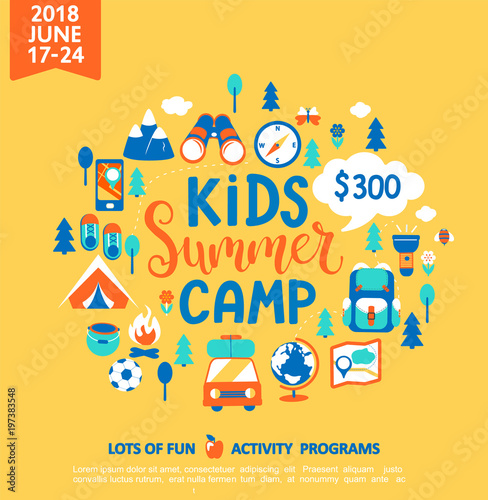 Fotografia, Obraz Kids Summer camp concept with handdrawn lettering, Camping and Travelling on holiday with a lot of camping equipment such as tent, backpack and others