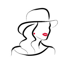 Wall Mural - vector artistic hand drawn stylish young lady portrait isolated on white background. fashion girl mo