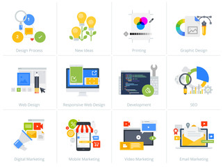 Fototapete - Set of flat design style concept icons isolated on white. Vector illustrations for web design and development, SEO, responsive web design, graphic design and creative process, internet marketing.