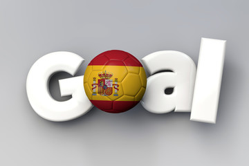 Football goal with a Spain flag soccer ball. 3D Rendering