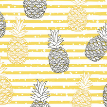 Pineapple With Stripes Seamless Pattern Background. Pineapple Poster Design. Wallpaper, Invitation Card, Textile Print Vector Illustration Design. Background Poster