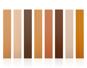 Wall Mural - Wooden slats. Collection of wood boards, different colors, glazes, textures from various trees to choose - brown, dark, gray, light, red, yellow, orange decor models - vector on white background.