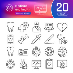 Wall Mural - Medicine and health line icons set. Suitable for banner, mobile application, website. Editable stroke