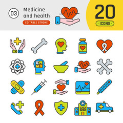 Wall Mural - Medicine and health line icons set. Suitable for banner, mobile application, website. Editable stroke