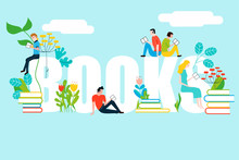 Happy People Reading On Books Text - Vector Colorful Illustration Isolated On Background