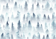 Seamless Pattern Of Watercolor Spruce Forest In The Fog.