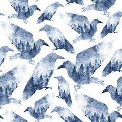 Wall Mural - seamles pattern of monochrome ravens with a forest inside. birds in the wild painted with watercolor
