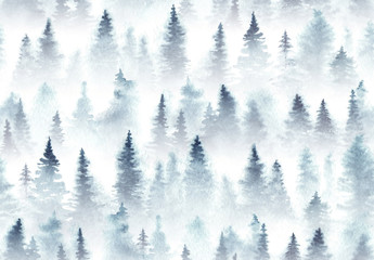 Wall Mural - seamless pattern of watercolor spruce forest in the fog.