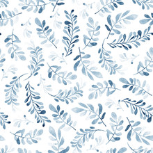Watercolor Seamless Pattern Of Blue Branches Isolated On White Background. Winter Mood. Floral Background For Fabric, Wallpapers, Gift Wrapping Paper, Scrapbooking.