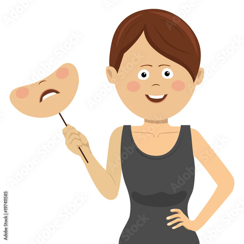 Young happy woman holding a mask with sad face Lerretsbilde