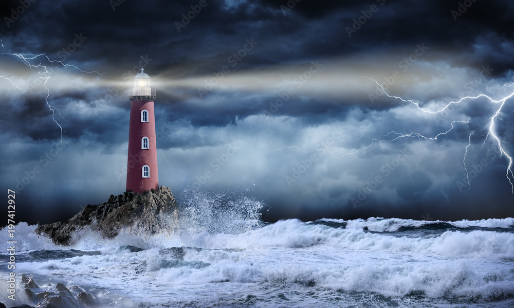 Lighthouse In Stormy Landscape - Leader And Vision Concept
 - obrazy, fototapety, plakaty 