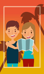 Sticker - people couple with folded map traveling vacation vector illustration