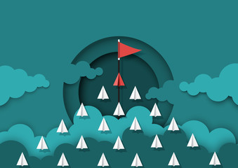 Wall Mural - paper airplanes teamwork flying to red flag target.paper cut of business teamwork creative concept i
