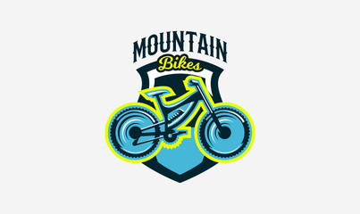 Wall Mural - Colorful logo, emblem, mountain bike icon. Bicycle, transport, downhill, freeride, extreme, sports. T-shirt printing, vector illustration.