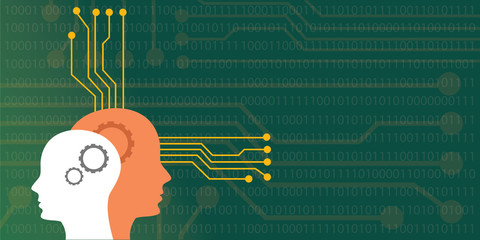 Poster - artificial intelligence concept illustration with head human robot with neuro board system