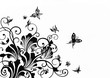 hand drawn floral design element for borders isolated on white background, artwork is sketched in black ink, swirls curls butterflies and abstract leaf design clipart