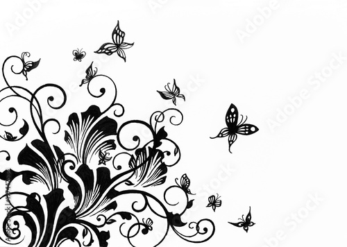 Hand Drawn Floral Design Element For Borders Isolated On White Background Artwork Is Sketched In Black Ink Swirls Curls Butterflies And Abstract Leaf Design Clipart Buy This Stock Illustration And Explore