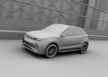 Clay Model Rendering Of Autonomous Electric SUV Driving On The Highway. 3D Rendering Image.