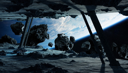 Wall Mural - astronauts exploring an asteroid spaceship 3d rendering elements of this image furnished by nasa