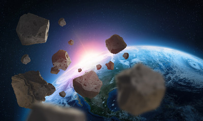 Poster - Asteroids near the planet Earth. A view of the globe from space. Elements of this image are furnished by NASA