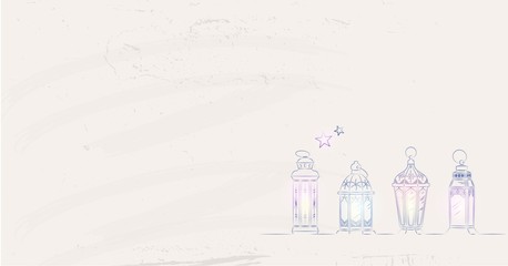 Wall Mural - Hand Drawn Illusration of Ramadan Lanterns with Lights on Shabby Background. Vector Illustration