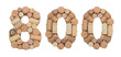 Number 800 eight hundred  made of wine corks Isolated on white background