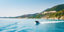 Motorboat Driving On Ionian Sea Near Zakynthos Island, Greece