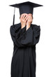 © valiza14 - Sad crying disappointed graduate little girl student in black graduation gown with hat - isolated on white. Negative human emotion facial expression. Child back to school, educational concept.