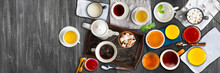 Different Cold And Hot Drinks On Wooden Table. Tea, Milk, Juice,coffee, Smoothie, Water, Pot, Tray And Tissue. Concepts Of Healthy Traditional Tasty Drinks.