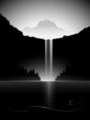 dark minimal vector landscape with waterfall, lake and mountain peak