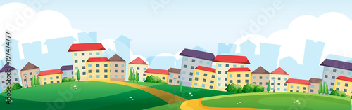 Fotografía Background scene with village on the hills