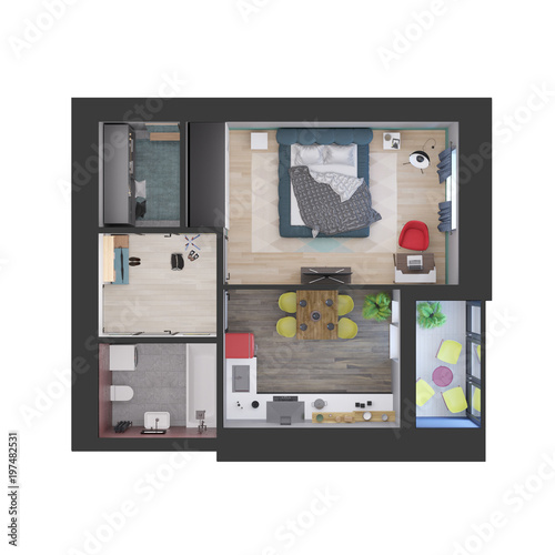 3d Render Plan And Layout Of A Modern Colorful One Bedroom