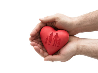 Poster - Red heart with imprinted family shape in man's hands.