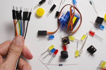 color leds, buttons and wires, electronics for device design