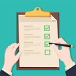 © Mykyta - Checklist clipboard. Human holding checklist and pencil. Questionnaire, survey, task list. Vector illustration