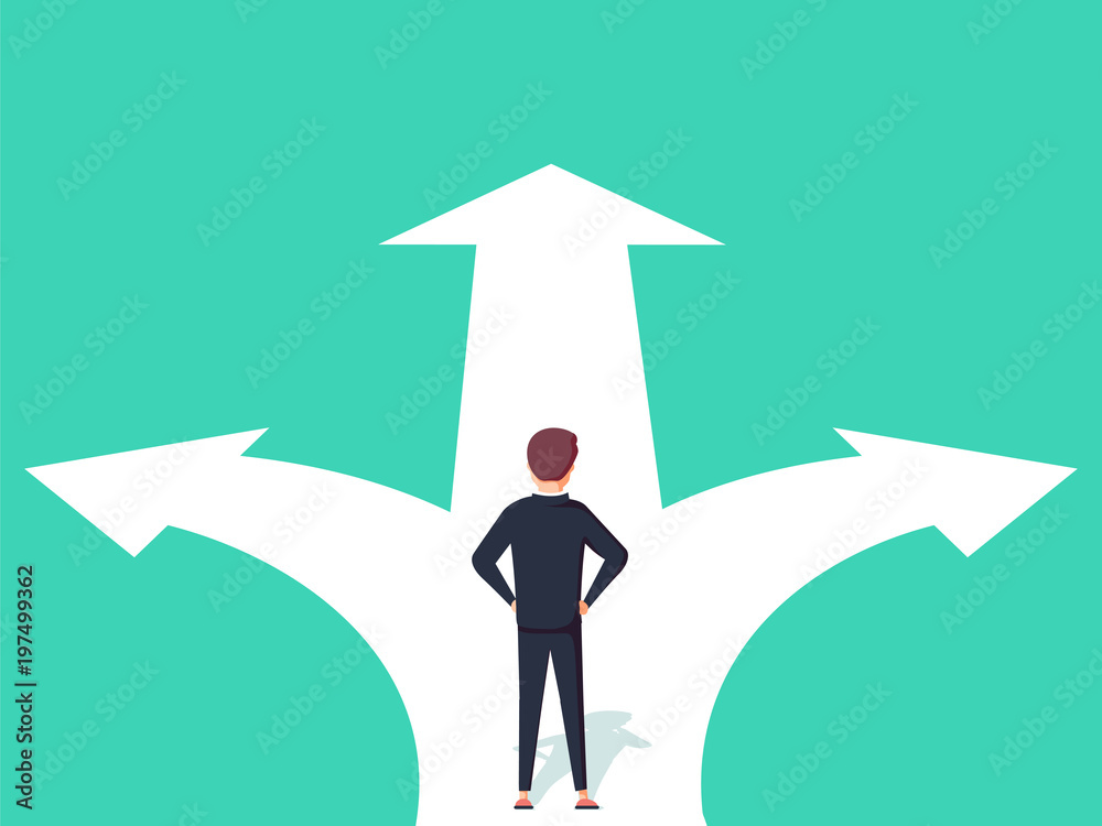 Business decision concept vector illustration. Businessman standing on the crossroads with two arrows and directions. - obrazy, fototapety, plakaty 