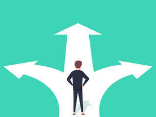 business decision concept vector illustration. businessman standing on the crossroads with two arrow
