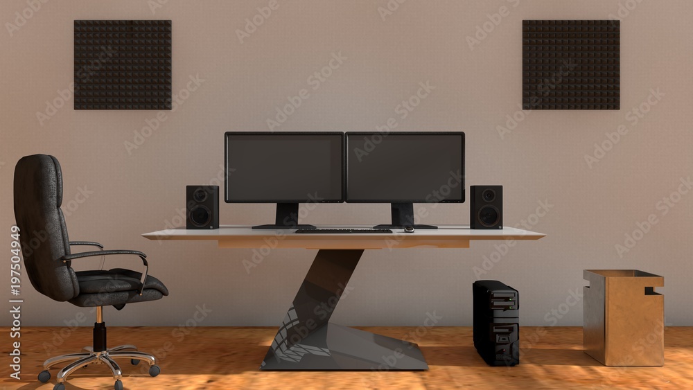 3D illustration of interior design of computer setup Stock Illustration ...